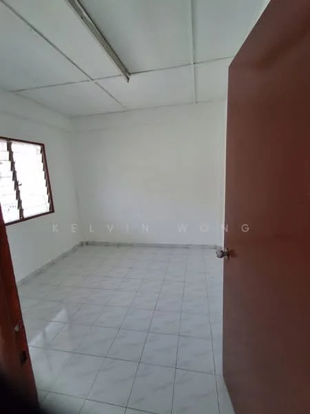 Room features: white painted walls, plain ceiling, tile flooring, single window with wooden frame, door with handle, no visible furniture or decor; style: minimalist.