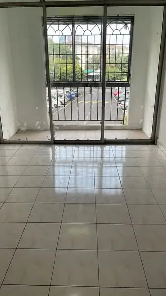 Room features: white painted walls, glossy ceramic tile flooring, floor-to-ceiling windows, metal grille, natural light from windows, view of parking lot; view: parking.