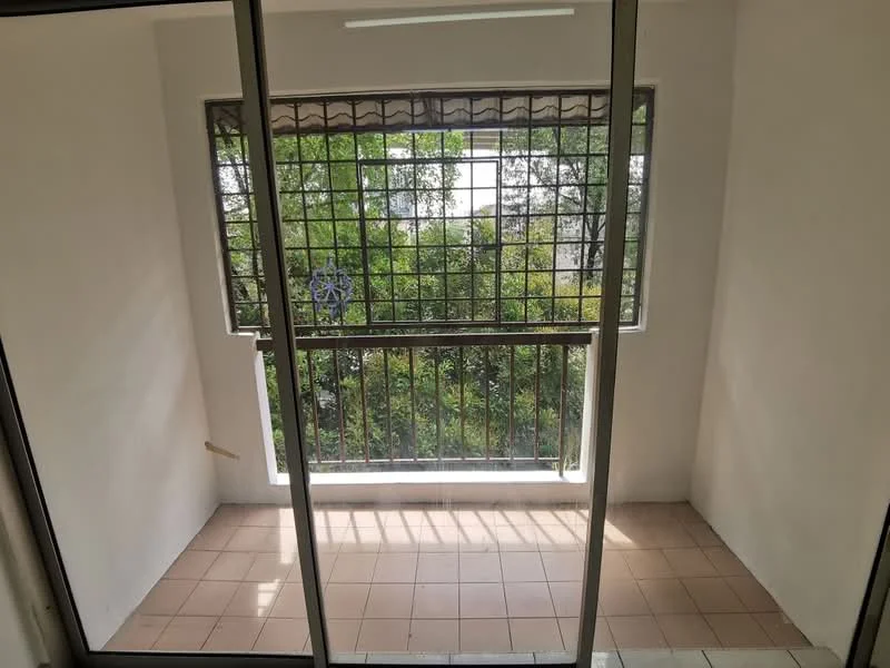 Room features: tiled flooring, white painted walls, grill window, natural light from window, view of greenery outside; view: garden.