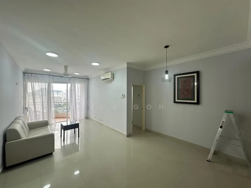 Living features: white painted walls, glossy tile flooring, 5-blade ceiling fan with light, recessed downlights, floor-to-ceiling windows, sliding glass door, sheer curtains, chandelier, sofa in cream, small black coffee table, decorative artwork on wall, air conditioning unit; style: modern; view: city.