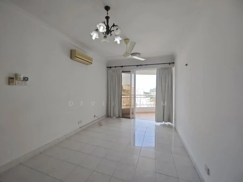 Living features: white painted walls, ceramic tile flooring, 5-blade ceiling fan with light, wall-mounted split AC, sliding glass door, curtains, balcony view, chandelier; style: modern; view: city.