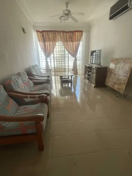 Living features: 4 wooden armchairs with cushions, coffee table, TV console, wall-mounted TV, large windows with sheer curtains, ceiling fan, cream tiled flooring, decorative wall light, air conditioning unit; style: modern.