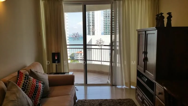 Living features: beige fabric sofa, decorative throw pillows with patterns, wooden TV cabinet, glass sliding door, curtains in light fabric, area rug, wall-mounted decor, floor-to-ceiling windows, view of the sea; style: modern; view: sea.
