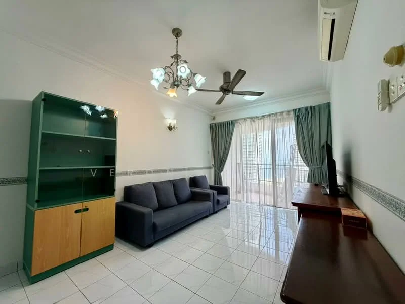 Living features: 3-seater fabric sofa in dark blue, wooden TV console, wall-mounted TV, ceiling fan with light, chandelier with multiple bulbs, floor-to-ceiling sliding glass door, curtains in light green, white tiled flooring, wall-mounted air conditioning unit, decorative wall sconce; style: modern; view: city.