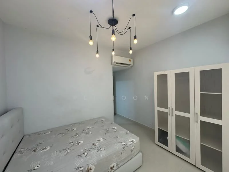 Bedroom features: queen-size bed with floral bedding, white painted walls, ceiling light fixture with hanging bulbs, 1 wall-mounted split AC, sliding mirror wardrobe, tile flooring; style: modern.