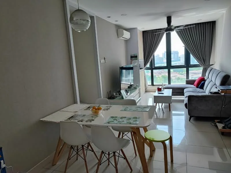 Living features: grey fabric sectional sofa, white coffee table, floor-to-ceiling windows, city view, 5-blade ceiling fan, recessed downlights, light grey painted walls, white tiled flooring, decorative wall-mounted aquarium, curtains, wall-mounted air conditioning unit; style: modern; view: city. Dining features: 4-seater white dining table, white plastic dining chairs, fruit bowl on table, light grey painted walls, white tiled flooring; style: modern.