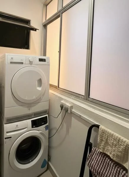 Laundry features: front-load washing machine, stacked dryer, white cabinetry, grey walls, window with frosted glass, wall-mounted drying rack, power outlets, tile flooring; style: modern.
