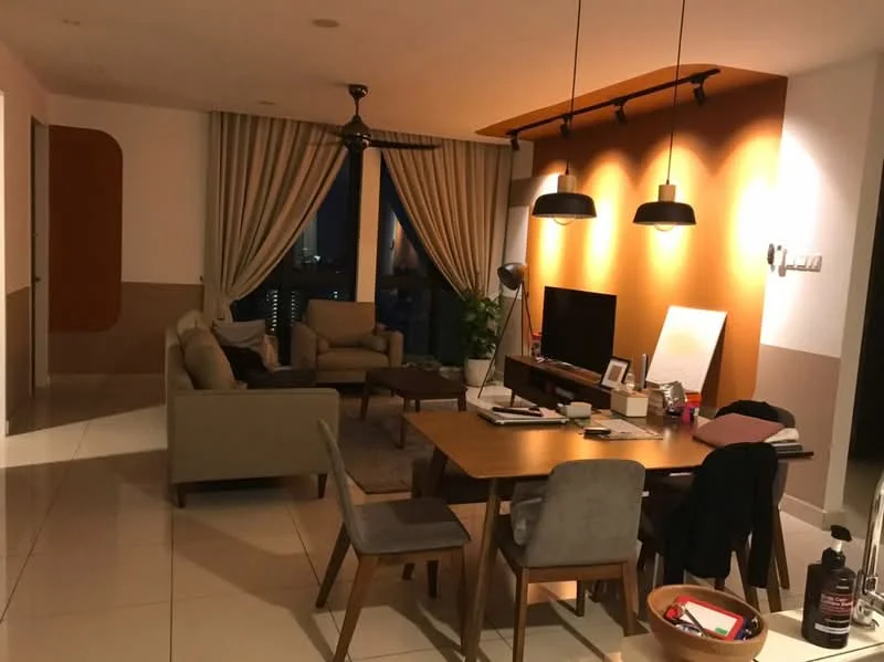 Living features: 3-seater fabric sofa in light grey, 2-seater fabric sofa in beige, wooden coffee table, 6-seater dining table, 4 dining chairs, pendant lighting with 3 fixtures, ceiling fan, floor-to-ceiling windows, curtains in beige, accent wall in orange, decorative plants in pots, wall-mounted TV, decorative wall art, tile flooring in white, built-in shelving unit; style: modern; view: city.