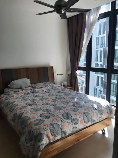Bedroom features: king-size bed with floral bedding, wooden bed frame, floor-to-ceiling windows, blackout curtains, sheer curtains, ceiling fan, nightstand, table lamp, decorative pillow, light wood flooring, white painted walls; style: modern; view: city.