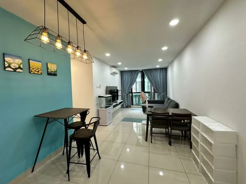 Living features: light grey sofa, black metal coffee table, 4-seater dining table, black dining chairs, white shelving unit, TV console, wall-mounted TV, recessed LED downlights, hanging pendant light fixture, cream tiled flooring, blue accent wall, curtains, decorative artwork on wall; style: modern; view: city.