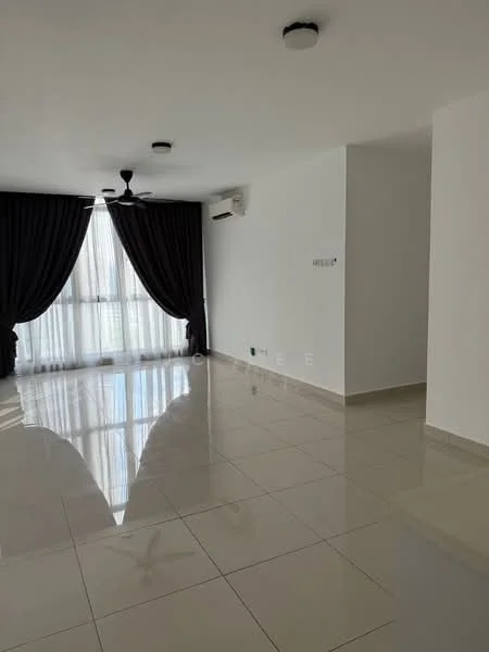 Living features: white painted walls, glossy ceramic tile flooring, 5-blade ceiling fan with light, floor-to-ceiling windows with sheer curtains, air conditioning unit, dark curtains, recessed downlights, open layout; style: modern.