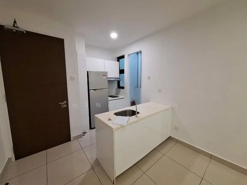 Kitchen features: white cabinetry, stainless-steel fridge, white countertop, single-bowl stainless-steel sink, chrome pull-down faucet, ceramic tile flooring, wall-mounted cabinets, built-in oven, cooktop, window, light fixture; style: modern.
