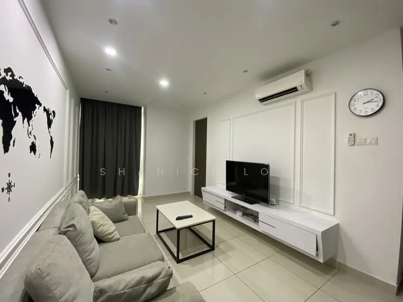 Living features: 3-seater fabric sofa in light grey, black coffee table, wall-mounted TV, white TV console, air conditioning unit, recessed downlights, clock on wall, floor-to-ceiling windows with grey curtains, cream tiled flooring, white painted walls with paneling; style: modern.