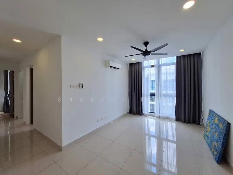 Living features: white painted walls, glossy tile flooring, 5-blade ceiling fan with light, floor-to-ceiling windows, blackout curtains, air conditioning unit, natural light, sliding glass door, decorative wall, neutral color palette; style: modern.
