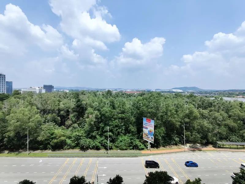 Exterior features: city skyline view, greenery, roadway, billboard, cloudy sky, urban landscape.