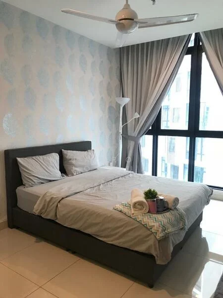 Bedroom features: king-size bed, upholstered headboard, grey bedding, decorative throw blanket, floor-to-ceiling windows, sheer curtains, ceiling fan, laminate flooring, wall-mounted lamp, decorative plant in pot, blue patterned wallpaper; style: modern; view: city.