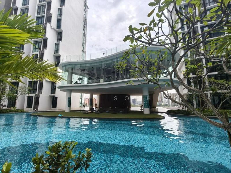 Exterior type: high-rise condominium; features: infinity pool, pool deck with loungers, landscaped garden, glass facade, modern architectural design, surrounded by greenery, water feature, outdoor seating area; style: modern.