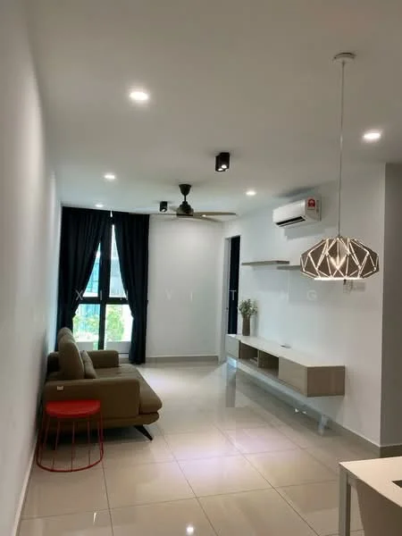 Living features: grey fabric sofa, red round side table, wall-mounted TV console, suspended pendant light, 5-blade ceiling fan with light, recessed LED downlights, floor-to-ceiling windows, blackout curtains, glossy white tile flooring, air conditioning unit; style: modern.