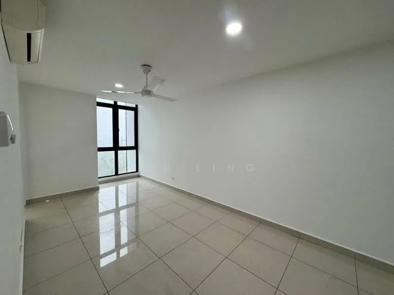 Living features: white painted walls, glossy ceramic tile flooring, 5-blade ceiling fan with light, floor-to-ceiling windows, air conditioning unit, natural light from window, neutral color scheme, no visible furniture; style: modern; view: garden.