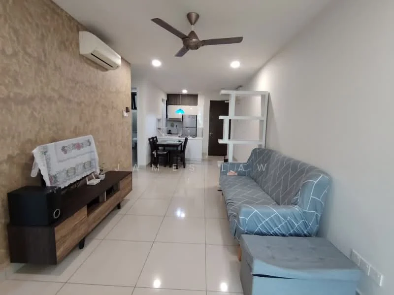Living features: 3-seater fabric sofa in light grey, coffee table, TV console, wall-mounted TV, ceiling fan with light, air conditioning unit, white painted walls, glossy tile flooring, decorative wall with textured finish, open layout to kitchen, light grey armchair, shelving unit; style: modern. Kitchen features: kitchen island, stainless-steel sink, built-in cabinets, refrigerator, oven, cooktop, white cabinetry, blue pendant light, open layout to living area; style: modern.