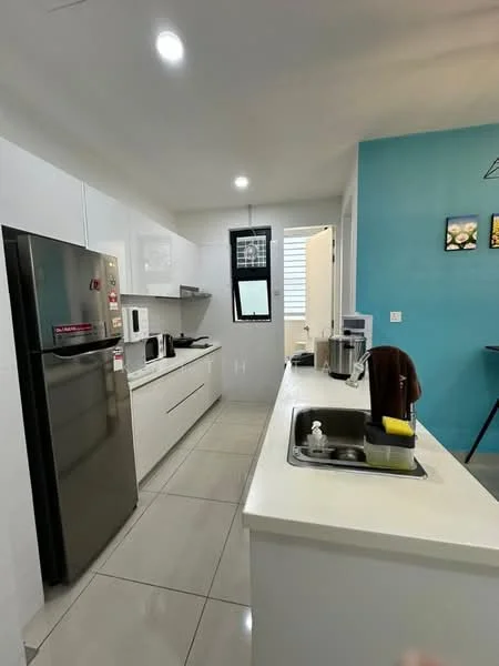 Kitchen features: white cabinetry, stainless-steel fridge, built-in microwave, ceramic tile flooring, white countertop, single-bowl stainless-steel sink, chrome pull-down faucet, kitchen island, wall-mounted cabinets, window with blinds, recessed downlights; style: modern.
