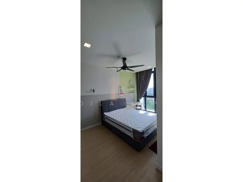 Bedroom features: queen-size bed, upholstered headboard, 5-blade ceiling fan, floor-to-ceiling windows, curtains, wooden flooring, painted walls in light color, decorative artwork on wall, study desk, chair; style: modern; view: city.