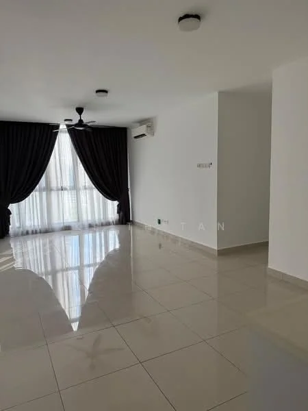 Living features: white painted walls, glossy tile flooring, 5-blade ceiling fan, recessed downlights, floor-to-ceiling windows, blackout curtains, air conditioning unit, neutral color scheme; style: modern.