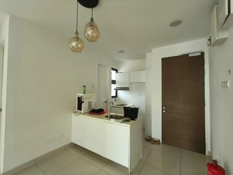 Kitchen features: white cabinetry, black countertop, stainless-steel sink, chrome pull-down faucet, built-in oven, freestanding range oven, 2 pendant lights, wall-mounted air conditioning unit, ceramic tile flooring, neutral painted walls, door with wood finish; style: modern.