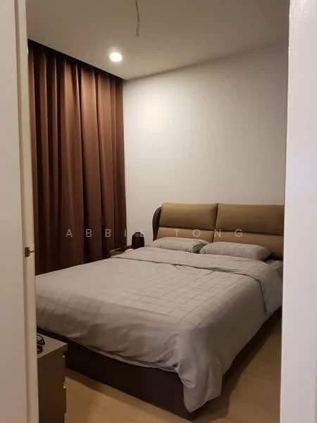 Bedroom features: queen-size bed, upholstered headboard, bedding in grey, wooden bedside table, table lamp, brown curtains, white painted walls, recessed downlights, laminate flooring; style: modern.
