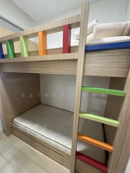 Bedroom features: bunk bed with colorful ladder, wooden frame, mattress on lower bed, decorative pillows, light wood paneling, laminate flooring, built-in storage drawer under lower bed, neutral wall color; style: modern.