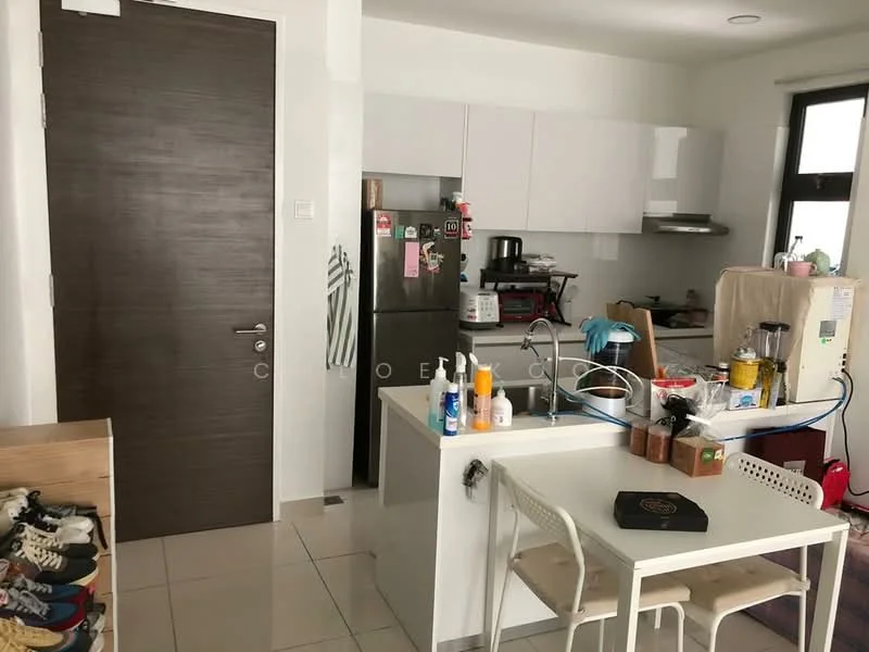 Kitchen features: white cabinetry, stainless-steel fridge, built-in microwave, kitchen island with seating, single-bowl stainless-steel sink, chrome pull-down faucet, ceramic tile flooring, white walls, recessed downlights, open shelving, countertop appliances, dining table with chairs; style: modern.
