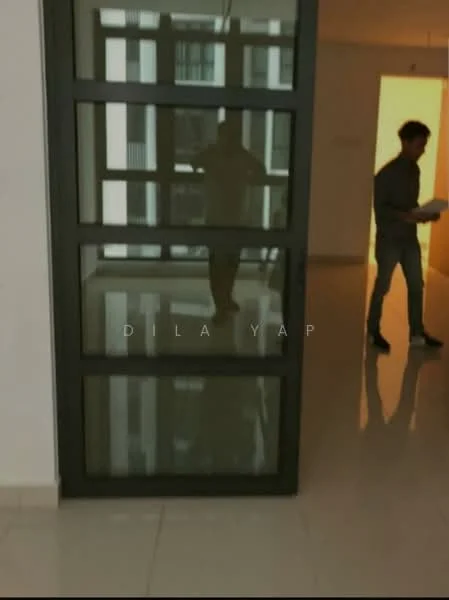 Room features: glass sliding door, white walls, polished tile flooring, recessed lighting, open layout, natural light from windows, neutral color scheme, reflection of person in glass; style: modern.