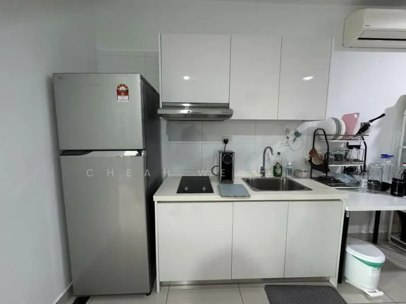 Kitchen features: stainless-steel fridge, built-in oven, 4-burner gas hob, single-bowl stainless-steel sink, chrome pull-down faucet, white flat-panel cabinets, grey countertop, tile backsplash, recessed downlights, wall-mounted range hood, microwave, kitchen utensils rack, waste bin; style: modern.