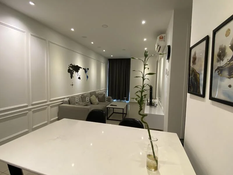 Living features: white painted walls with paneling, grey fabric sectional sofa, black dining chairs, white marble dining table, recessed LED downlights, wall-mounted air conditioning unit, decorative wall art, floor-to-ceiling curtains, tile flooring; style: modern.