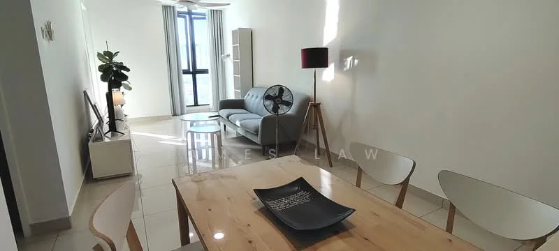 Living features: 3-seater fabric sofa in grey, ceiling fan, floor-to-ceiling windows, TV console, wall-mounted TV, decorative plant in ceramic pot, area rug, light wood dining table, 4 dining chairs, lamp on tripod stand, white painted walls, cream tiled flooring; style: modern; view: city.