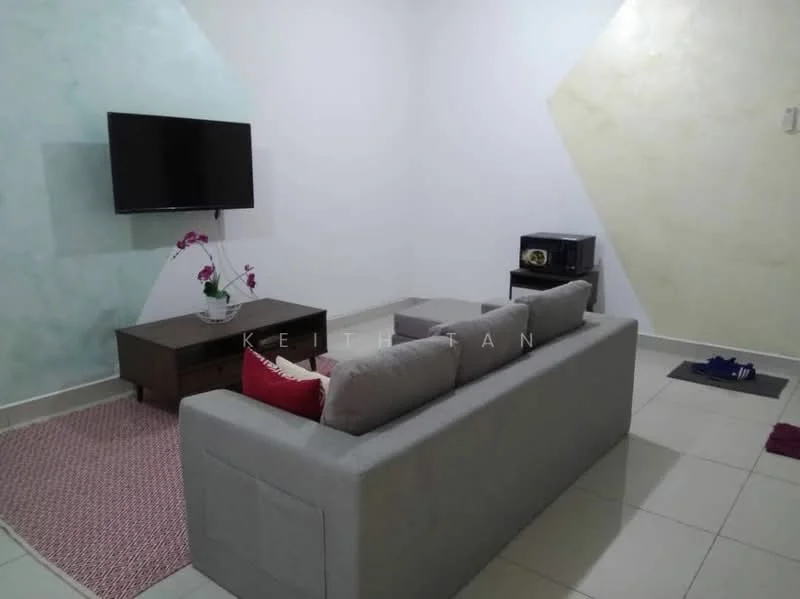 Living features: grey fabric sofa, wooden coffee table, wall-mounted flat-screen TV, decorative plant on table, area rug with geometric pattern, cream painted walls, accent wall with textured finish, tile flooring; style: modern.