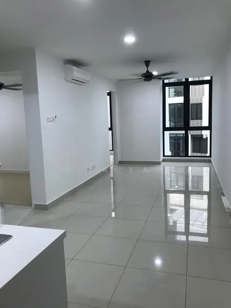 Living features: white painted walls, glossy ceramic tile flooring, 5-blade ceiling fan with light, floor-to-ceiling windows, air conditioning unit, natural light from windows, open layout, neutral color scheme; style: modern.