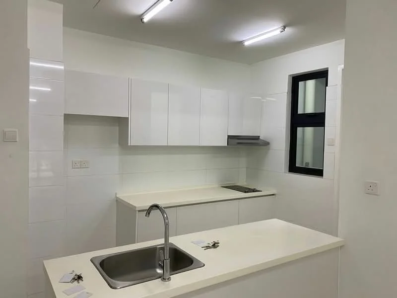 Kitchen features: white cabinetry, laminate countertop, single-bowl stainless-steel sink, chrome pull-down faucet, built-in stove, white tiled backsplash, wall-mounted range hood, floor-to-ceiling window, LED ceiling lights; style: modern.