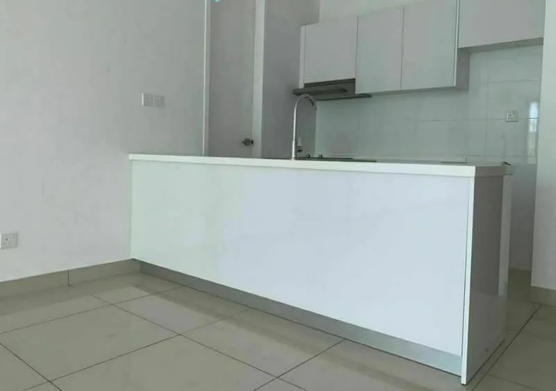 Kitchen features: white cabinetry, white countertop, stainless-steel sink, chrome pull-down faucet, wall-mounted range hood, ceramic tile flooring, white tiled backsplash, open layout; style: modern.