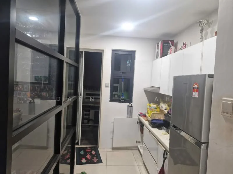 Kitchen features: white cabinetry, stainless-steel fridge, ceramic tile flooring, countertop with space for appliances, sink, wall-mounted window, open shelving, decorative items on shelves; style: modern.