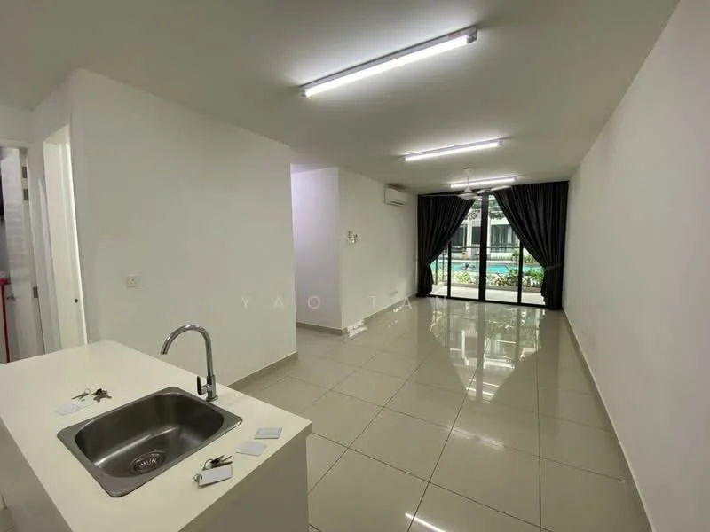 Living features: white painted walls, glossy ceramic tile flooring, recessed LED downlights, 5-blade ceiling fan with light, floor-to-ceiling windows, blackout curtains, sliding glass door, view of garden, kitchen island with single-bowl stainless-steel sink, chrome pull-down faucet, keys on countertop; style: modern; view: garden.