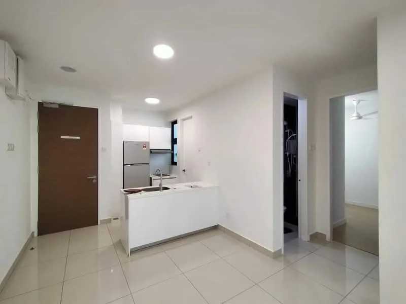 Kitchen features: white cabinetry, stainless-steel fridge, stainless-steel sink, chrome pull-down faucet, white countertop, ceramic tile flooring, recessed downlights, open layout, wall-mounted split AC; style: modern. Room features: white painted walls, ceiling fan, doorway leading to another room.