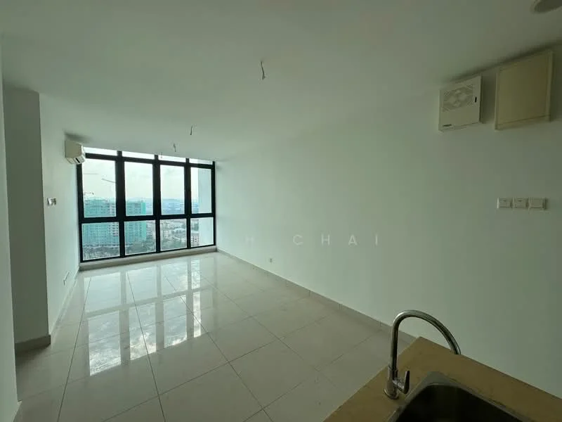 Living features: white painted walls, glossy ceramic tile flooring, floor-to-ceiling windows, city view, 1 wall-mounted split AC, recessed downlights, neutral color scheme, open layout; style: modern; view: city.