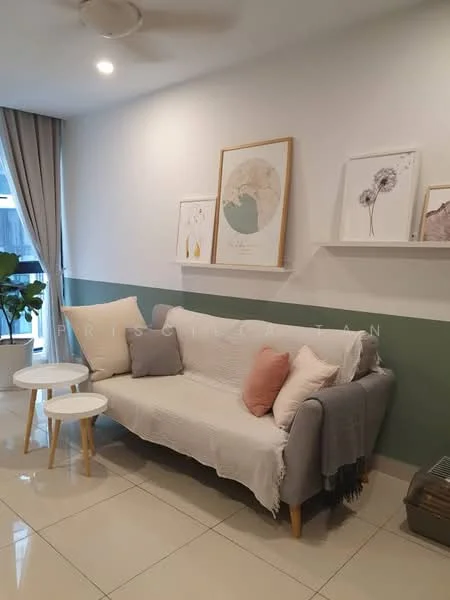 Living features: light grey fabric sofa, white throw blanket, two white side tables, framed artwork on walls, green accent wall, white painted walls, tile flooring, curtains in light grey, indoor plant, ceiling fan; style: modern.