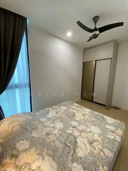 Bedroom features: queen-size bed with floral bedding, floor-to-ceiling window, blackout curtains, light wood flooring, 5-blade ceiling fan with light, built-in wardrobe with sliding doors, neutral painted walls, recessed lighting; style: modern.