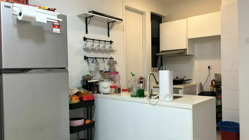 Kitchen features: white cabinetry, stainless-steel fridge, white countertop, single-bowl stainless-steel sink, chrome pull-down faucet, built-in stove, wall-mounted range hood, open shelving, kitchen utensils hanging rack, various cooking appliances, colorful fruits on countertop, black rolling cart with storage; style: modern.