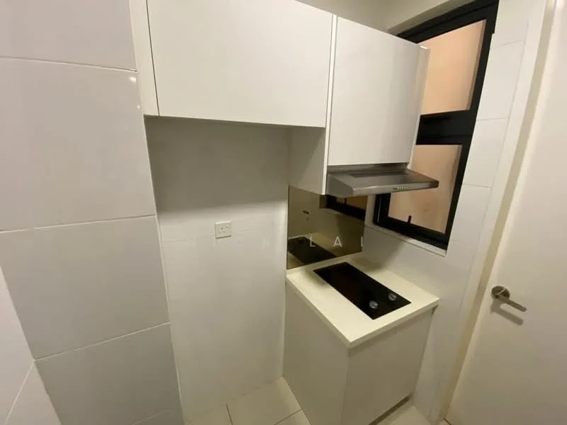 Kitchen features: white cabinetry, stainless-steel range hood, built-in cooktop, white countertop, white tiled walls, white tiled flooring, single-bowl stainless-steel sink, black window frame; style: modern.