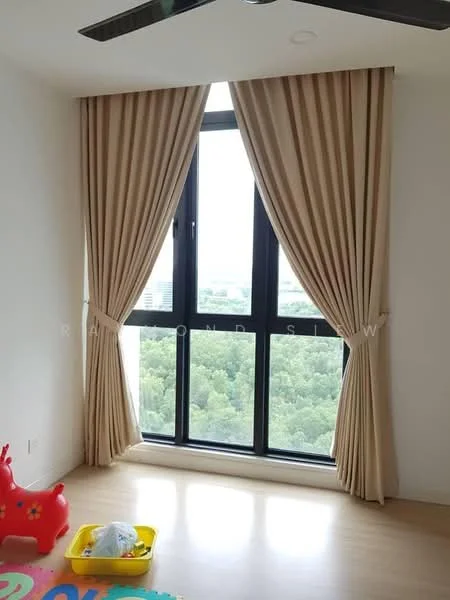 Room features: floor-to-ceiling windows, beige curtains, light wood flooring, city view, ceiling fan; style: modern; view: city.