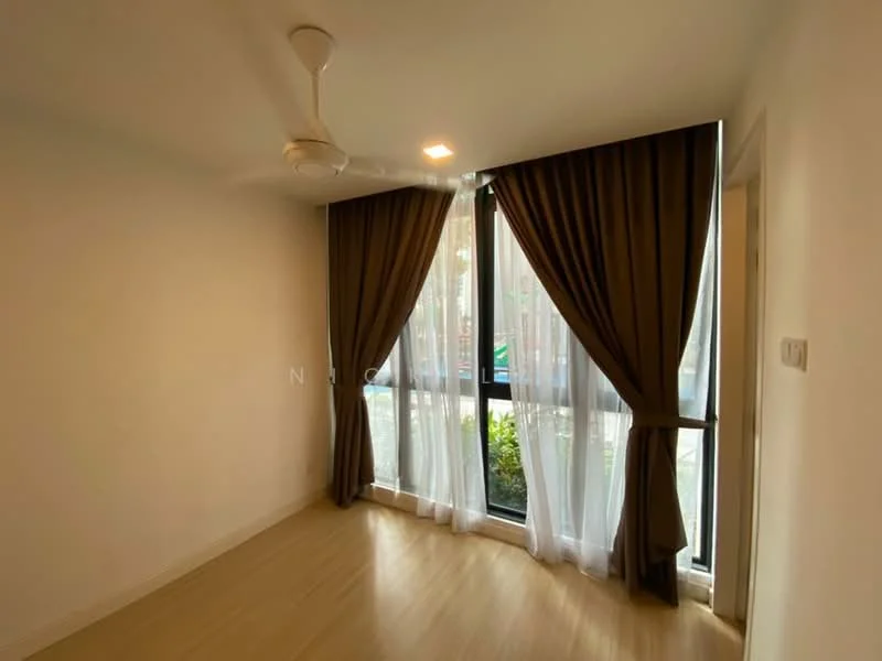 Room features: light wood flooring, white painted walls, floor-to-ceiling windows, sheer curtains, brown curtains, ceiling fan, natural light, view of greenery; style: modern; view: garden.