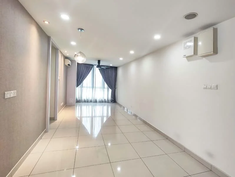 Living features: glossy tile flooring, white painted walls, grey accent wall, recessed downlights, 5-blade ceiling fan, wall-mounted split AC, floor-to-ceiling windows, sheer curtains, curtains in grey, open layout, no visible furniture; style: modern.